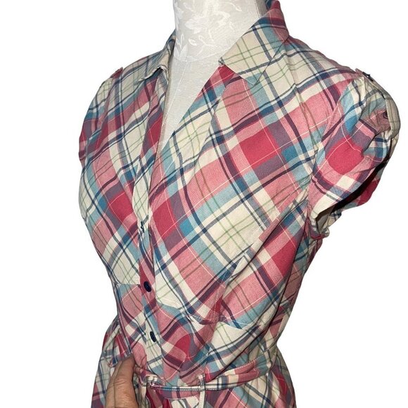 J Peterman Vintage Midi Dress Size 6 Pink Blue Cream Plaid Cotton Matching Belt - Picture 7 of 15